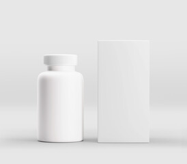 Realistic White Supplement Bottle Mockup, Plastic Bottle Mockup, Vitamins, Supplements, Food, Medicine, Cosmetics, Isolated on Light Background, 3D Rendered, Illustration