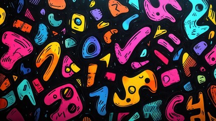 Obraz premium A vibrant and colorful abstract pattern featuring playful shapes on a dark background, perfect for creative projects and designs.