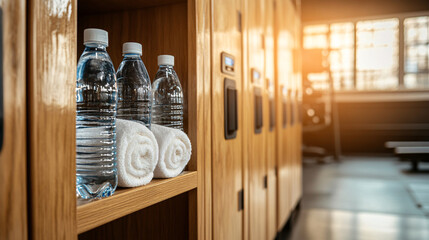 Fresh water bottles and neatly rolled towels are arranged on shelf in gym locker room, creating clean and inviting atmosphere for fitness enthusiasts
