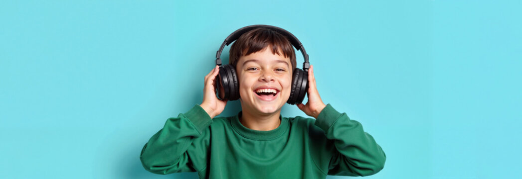 Happy smiling boy in black headphones and green sweatshirt on bright blue background - Powered by Adobe