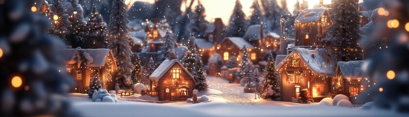 Christmas village background flat design front view snowy town 3D render vivid