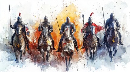 Knights in Armor Galloping Through a Colorful Battlefield