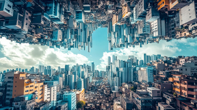 Cityscape mirroring upside down with blue sky and clouds