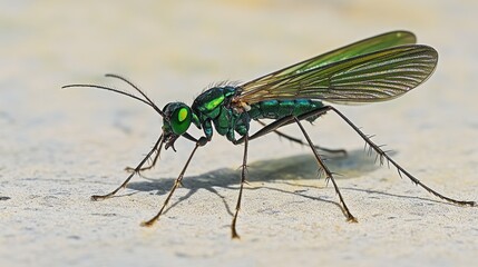 A close-up of a green metallic wasp with large transparent wings perched on a gray surface.