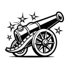Fototapeta premium Retro Style Cannon with Stars Black and White Vector Illustration