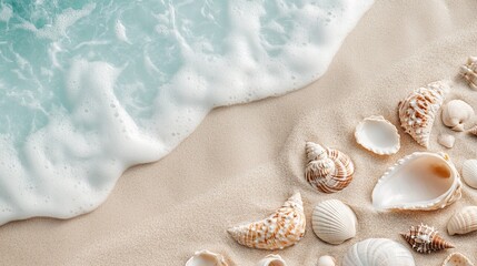 Seashells of various shapes and sizes are scattered on soft sand as the ocean waves roll towards them. The texture of the sand and the bright seashells add a natural beauty to this coastal scene