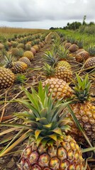 Obraz premium A field of pineapple plants with a few of the pineapples visible