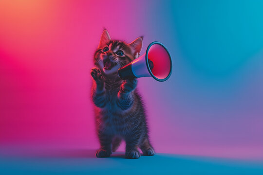 A tabby cat excitedly speaks into a large megaphone
