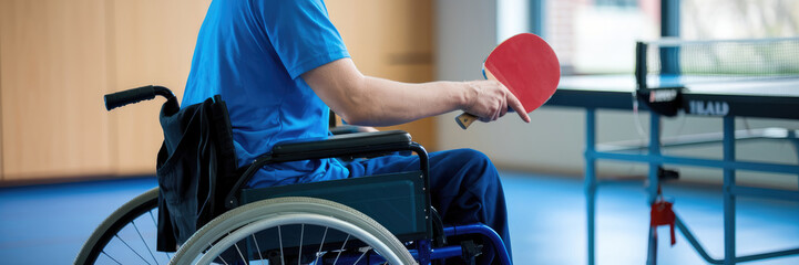 Obraz premium A man in a wheelchair is holding a red paddle. The paddle is on a table in front of the man