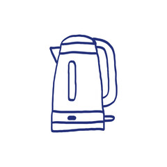Electric kettle. Vector teapot. Cookware collection. Metal and plastic samples.Illustration set. Blue pen or marker drawing. Primitive kids picture