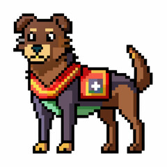 Obraz premium Pixel Art Dog in Colorful Outfit with Backpack Retro Game Style Illustration