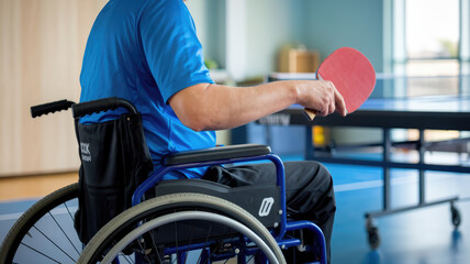Obraz premium A man in a blue shirt is sitting in a wheelchair and holding a red paddle. He is in a room with a ping pong table