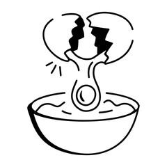 A simple doodle icon of a cracked egg falling into a bowl
