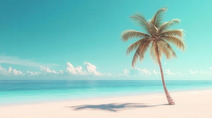 A serene tropical beach scene featuring a lone palm tree against a vibrant turquoise sky and calm ocean waves.