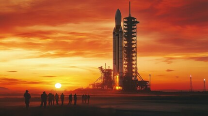 A large rocket stands tall on a launchpad as the sun sets in the background