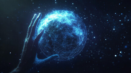 A hand reaches out to touch a low-poly, blue Earth.The globe is made up of simple shapes, representing technology or spirituality.A digital image of the world, shown as a starry sky.low poly wireframe