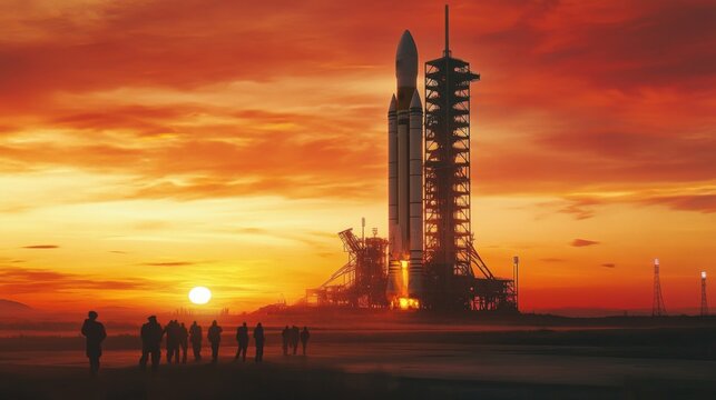 A large rocket stands tall on a launchpad as the sun sets in the background