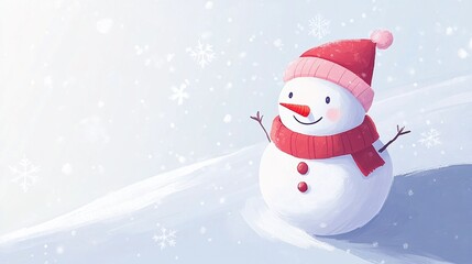 Fototapeta premium A snowman wearing a scarf and a red hat.