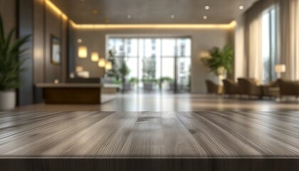 Fototapeta premium Empty Wooden Table in a Modern Lobby