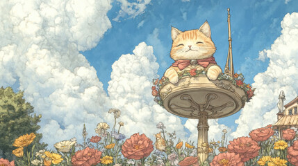 A cat sitting on top of a lamp post surrounded by flowers