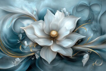 delicate white bloom with golden accents on a flowing blue background, showcasing intricate petal details and ethereal swirling elements