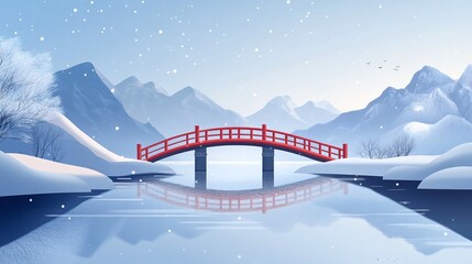 a red bridge in the snow with mountains in the background.