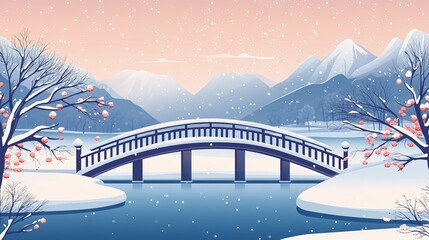 a bridge in the snow with mountains in the background.