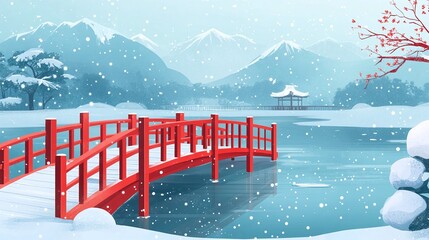 a red bridge in the snow with mountains in the background.