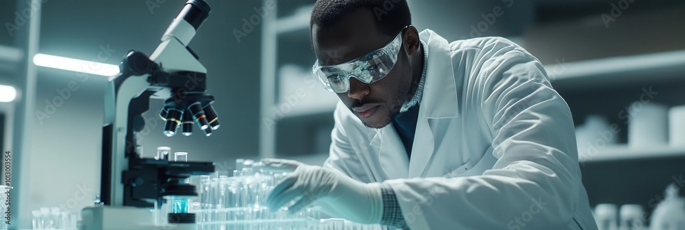 Poster In a modern laboratory, a scientist wearing a white lab coat and goggles methodically works with test tubes and samples for research. Generative AI