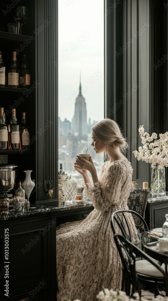 Canvas Prints A woman sitting at a table with a cup of coffee