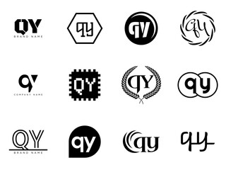 QY logo company template. Letter q and y logotype. Set different classic serif lettering and modern bold text with design elements. Initial font typography.