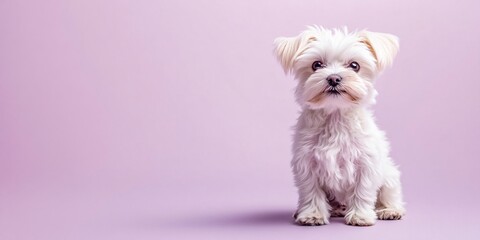 White puppy dog sitting on pink background.