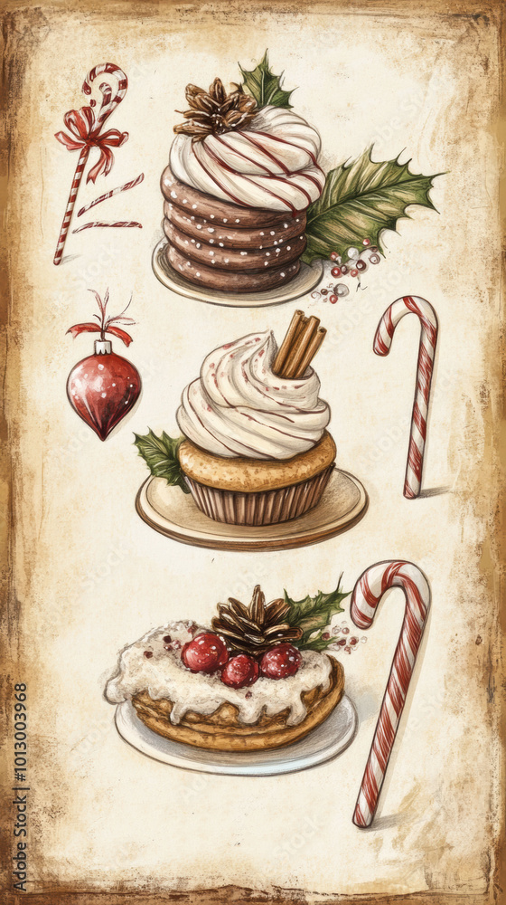 Poster A drawing of a cake and other desserts