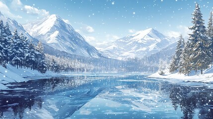a snowy mountain lake with a snow covered mountain in the background.