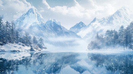 a snowy mountain lake with a snow covered mountain in the background.