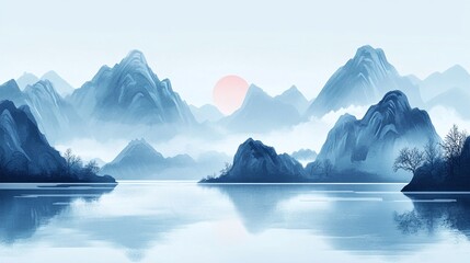 a painting of a sunset over the mountains.