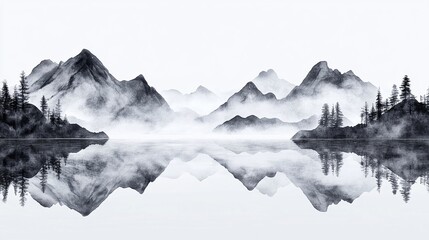a digital painting of mountains and clouds in the water.