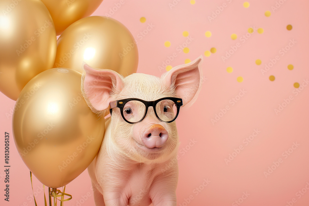 Wall mural pig bear with glasses and balloons celebrating birthday