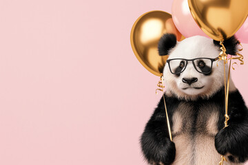 Panda bear with glasses and balloons Celebrating birthday