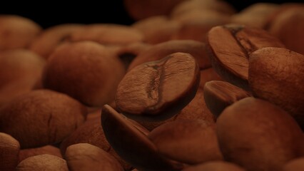 Brown coffee bean seed on a coffee pile with blur background (3D Rendering)