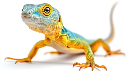 Obraz premium Bright lizard, bright colors long tail bright shining eyes standing upright full length, white background 