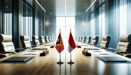 A modern conference room with East Timor and Indonesia flags on a long table, symbolizing a bilateral meeting or diplomatic discussions between the two nations.