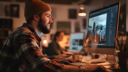 Bearded Man in a Beanie Working on a Computer