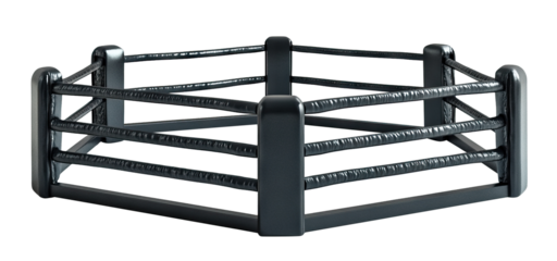 MMA style hexagonal fighting ring with black ropes and posts, isolated on transparent cutout background