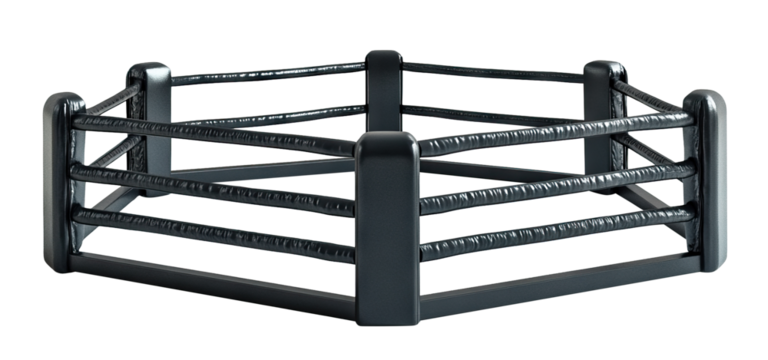 MMA style hexagonal fighting ring with black ropes and posts, isolated on transparent cutout background