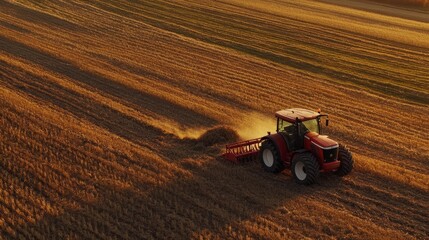 Obraz premium A modern agricultural machinery and farming practices are demonstrated by a red tractor that is plowing a field in the early morning light