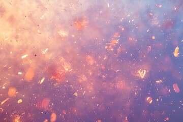 Overhead view of fireworks exploding in the sky, with trails of red, blue, and gold on a soft purple background, leaving room for copy