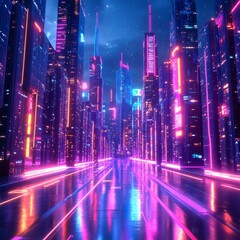 Fototapeta premium Futuristic Neon Cityscape Cyberpunk Nighttime City Lights and Skyscrapers