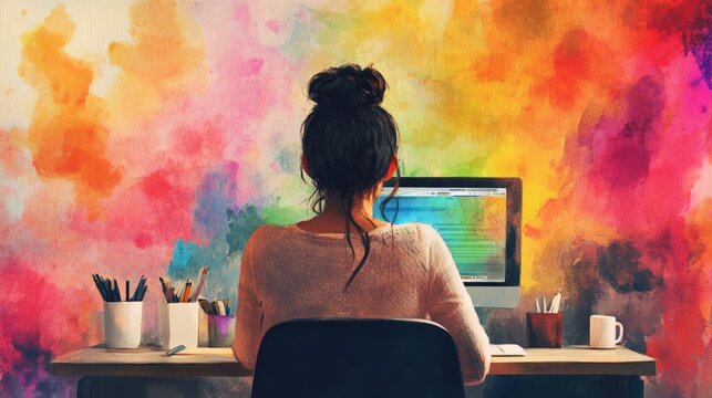 A woman sits at her desk, working on an online platform with a colorful watercolor background She is seen from behind and has her dark hair tied in a bun