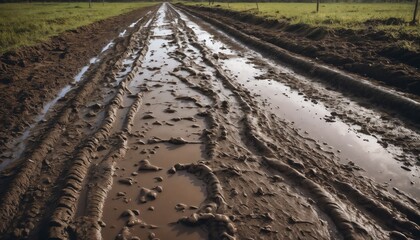 Naklejka premium Mud path with tire tracks and puddles in a rural landscape, muddy road texture, mud path texture